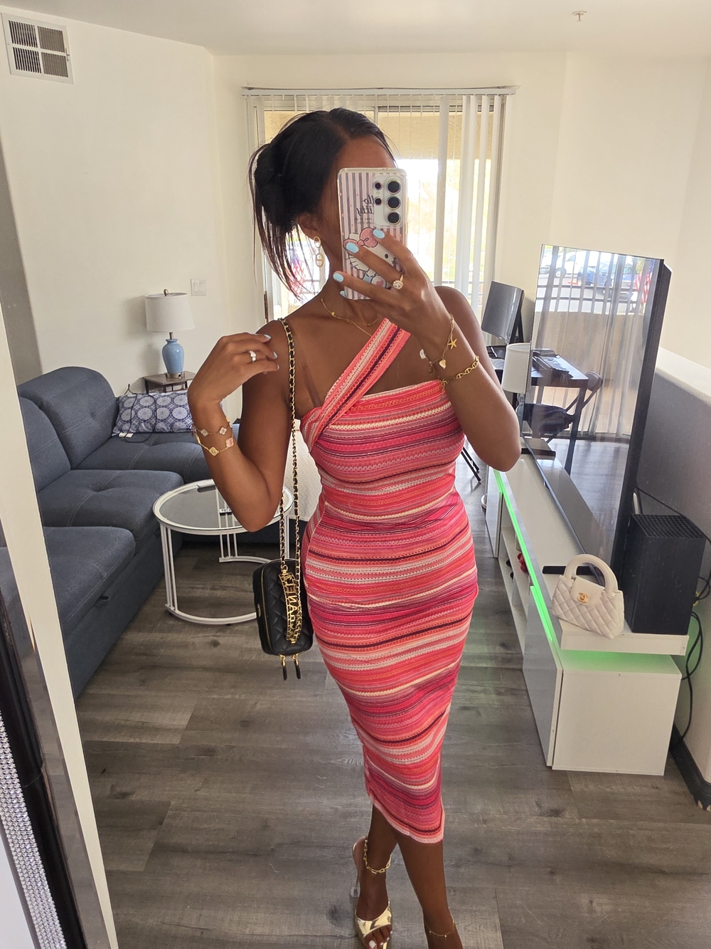 Women's Pink Striped One-Shoulder Bodycon Dress - Picture 12 of 17